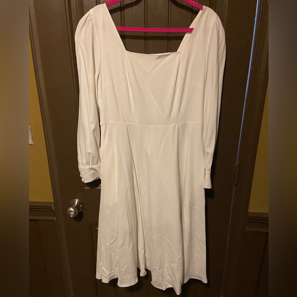 White Dress Square Neck Midi Dress Vintage Inspired Wedding Party Dress - Picture 6 of 14